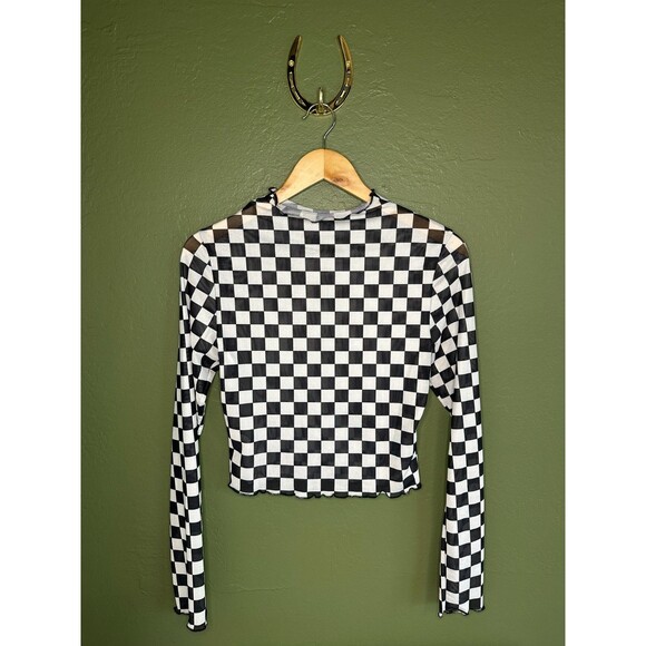 Unbranded Tops - Black & white checkered women's sheer mock neck long sleeve crop top